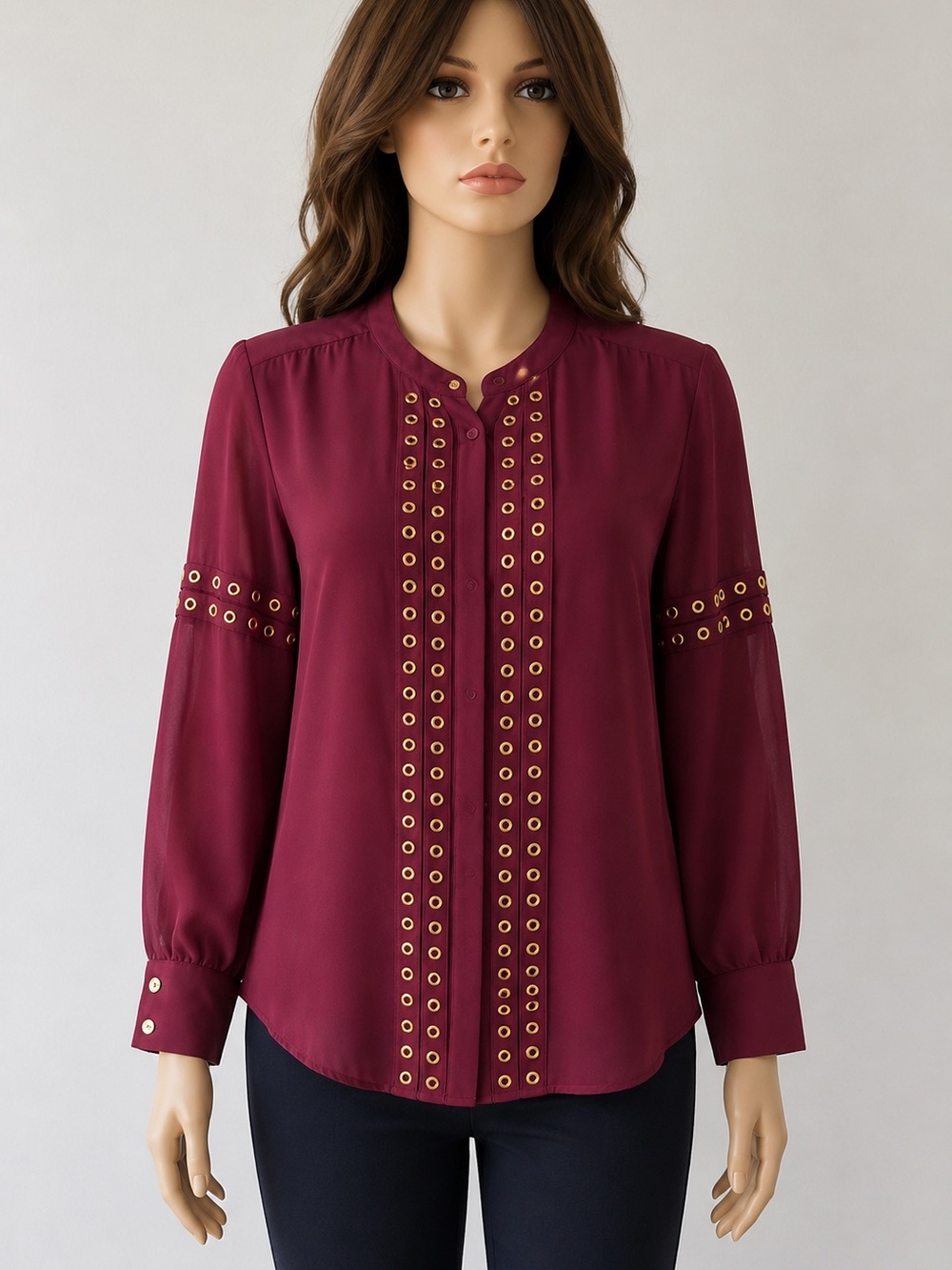 Michael Kors Maroon Eyelet-Trim Button Front  blouse Sise 8